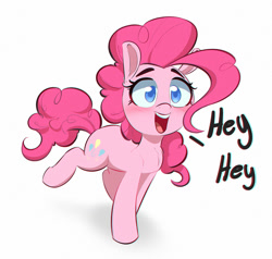 Size: 1000x952 | Tagged: safe, artist:inkypuso, pinkie pie, earth pony, pony, g4, colored pupils, cute, dialogue, diapinkes, looking at you, open mouth, open smile, simple background, smiling, smiling at you, solo, talking to viewer, white background
