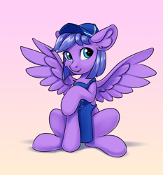 Size: 2133x2292 | Tagged: safe, artist:kittytitikitty, oc, oc only, pegasus, pony, apron, clothes, gradient background, hat, high res, pegasus oc, solo, spread wings, uniform, wings