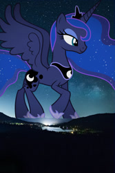 Size: 853x1280 | Tagged: safe, artist:dashiesparkle, edit, editor:jaredking779, princess luna, alicorn, pony, g4, california, crown, ethereal mane, female, giant pony, giantess, highrise ponies, hoof shoes, irl, jewelry, macro, mare, mountain, mountain range, night, peytral, photo, ponies in real life, regalia, spread wings, truckee, wings