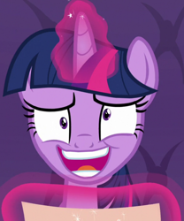Size: 898x1080 | Tagged: safe, screencap, twilight sparkle, alicorn, pony, g4, season 9, the beginning of the end, cropped, derp, faic, female, mare, open mouth, smiling, solo, twilight sparkle (alicorn), twilight sparkle is best facemaker