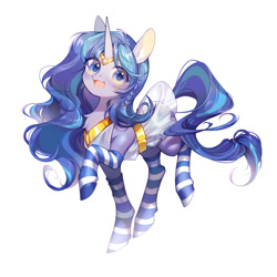 Size: 1500x1500 | Tagged: safe, artist:dreamsugar, oc, oc only, oc:cork, pony, unicorn, clothes, cute, egyptian, female, greek, long mane, mare, simple background, socks, solo, stockings, striped socks, thigh highs, white background