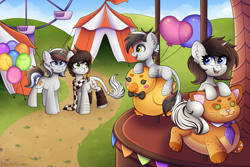 Size: 5000x3333 | Tagged: safe, artist:madelinne, oc, oc only, oc:soothing song, oc:sound error, original species, pony, unicorn, amusement park, balloon, father and child, father and daughter, father and son, female, happy, heart, heart balloon, leg stripes, male, mother and child, mother and daughter, mother and son, tent