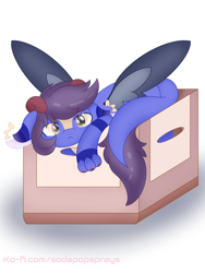 Size: 1080x1440 | Tagged: safe, artist:sodapop sprays, oc, oc:solstice horizon, draconequus, box, commission, confused, didsapointed, ear fluff, solo