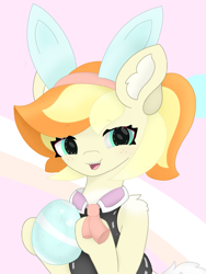 Size: 1465x1952 | Tagged: safe, artist:sodapop sprays, oc, oc:sodapop sprays, pegasus, pony, bunny ears, bunny suit, chest fluff, clothes, ear fluff, easter, egg, female, holiday, mare, solo