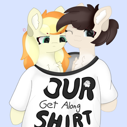 Size: 2707x2691 | Tagged: safe, artist:sodapop sprays, oc, oc:sodapop sprays, earth pony, pegasus, pony, amogus, among us, angry, chest fluff, ear fluff, female, get along shirt, happy, high res, mare, meme