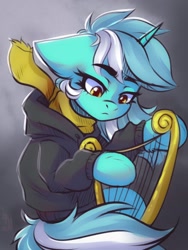 Size: 1200x1600 | Tagged: safe, artist:falafeljake, lyra heartstrings, pony, unicorn, fanfic:background pony, g4, clothes, commission, dig the swell hoodie, eyebrows, eyebrows visible through hair, female, hoodie, horn, lyre, mare, musical instrument, playing, signature, solo
