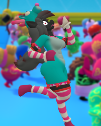 Size: 1234x1532 | Tagged: safe, oc, oc:blood stain, deer, anthro, unguligrade anthro, 3d, abs, bells, breasts, clothes, costume, fall guys, mittens, open mouth, running, shrunken pupils, socks, striped socks, thigh highs, vrchat