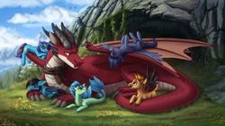 Size: 5064x2849 | Tagged: safe, artist:helmie-art, oc, oc only, oc:blue trails, oc:coral ridge, oc:journey moonshadow, oc:laurits rutger, oc:myrga, oc:seafoam mist, bat pony, deer, dragon, pegasus, pony, seapony (g4), unicorn, blushing, cave, forest, group, looking at each other, looking at someone, lying down, mountain, scenery, sleeping, smiling, spread wings, wings