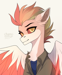Size: 2273x2761 | Tagged: safe, artist:chamommile, oc, oc only, pegasus, phoenix, pony, bust, chest fluff, clothes, commission, commission open, ear fluff, ears up, eyebrows, high res, lightning, looking at you, male, multicolored hair, pegasus oc, rainbow hair, simple background, smiling, smiling at you, solo, spread wings, white background, wings, yellow eyes