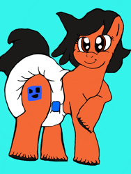 Size: 512x680 | Tagged: safe, artist:cavewolfphil, oc, oc only, oc:robertapuddin, earth pony, pony, blue background, diaper, diaper fetish, female, fetish, impossibly large diaper, mare, non-baby in diaper, old art, poofy diaper, simple background, standing