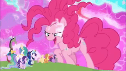 Size: 640x360 | Tagged: safe, screencap, applejack, discord, fluttershy, pinkie pie, princess celestia, princess luna, rainbow dash, rarity, spike, starlight glimmer, twilight sparkle, alicorn, draconequus, dragon, earth pony, pegasus, pony, unicorn, g4, the ending of the end, animated, balloon, bell, butt, chaos pinkie, chocolate, chocolate rain, crown, cupcake, female, food, giant pony, giantess, glimmer glutes, grogar's bell, jewelry, macro, mane seven, mane six, nightmare fuel, rain, regalia, royal sisters, siblings, sisters, sound, twibutt, twilight sparkle (alicorn), video, webm, winged spike, wings, xk-class end-of-the-world scenario