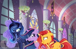 Size: 2560x1658 | Tagged: safe, artist:noctissky, princess luna, sunset shimmer, twilight sparkle, alicorn, pony, unicorn, g4, the last problem, crown, female, jewelry, looking at each other, looking at someone, older, older twilight, older twilight sparkle (alicorn), princess twilight 2.0, regalia, trio, trio female, twilight sparkle (alicorn)