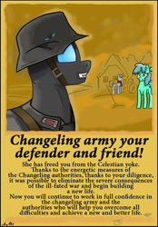 Size: 880x1268 | Tagged: safe, artist:derpy_fan, edit, oc, oc only, oc:gray caramel, oc:warm ocean, changeling, pegasus, pony, unicorn, equestria at war mod, female, horn, male, mare, pegasus oc, poster parody, profile, propaganda, propaganda poster, smiling, stallion, text, unicorn oc, wehrmacht