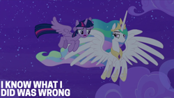 Size: 2000x1125 | Tagged: safe, edit, edited screencap, editor:quoterific, screencap, princess celestia, twilight sparkle, alicorn, pony, g4, horse play, cloud, flying, hoof shoes, night, stars, twilight sparkle (alicorn)