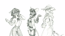 Size: 1600x896 | Tagged: safe, artist:baron engel, applejack, oc, oc:borodino, mouse, anthro, g4, bikini, clothes, female, hat, monochrome, mousified, pencil drawing, simple background, species swap, story included, swimsuit, traditional art, white background