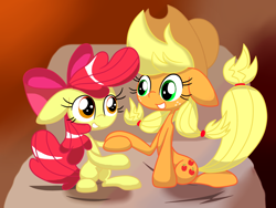 Size: 1600x1200 | Tagged: safe, artist:lovehtf421, apple bloom, applejack, earth pony, pony, g4, apple sisters, bed, female, filly, foal, mare, siblings, sisters