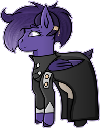 Size: 2409x3073 | Tagged: safe, artist:thecommandermiky, oc, oc only, oc:miky command, deer, deer pony, hybrid, original species, pegasus, pony, clothes, deer oc, deer tail, female, full body, high res, horn, horn jewelry, jewelry, mare, non-pony oc, pegasus oc, purple eyes, purple hair, purple mane, simple background, solo, tail, transparent background, uniform, wings