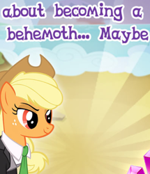 Size: 512x595 | Tagged: safe, gameloft, idw, applejack, earth pony, pony, g4, applejack's hat, behemoth, clothes, cowboy hat, cropped, donaldjack, english, female, hat, idw showified, mare, meme, necktie, solo, suit, text, wow! glimmer