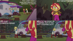 Size: 2000x1125 | Tagged: safe, edit, edited screencap, editor:quoterific, screencap, applejack, sunset shimmer, human, equestria girls, g4, my little pony equestria girls: better together, wake up!, wake up!: applejack, female, forest, shovel, tree stump, van