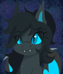 Size: 1200x1400 | Tagged: safe, artist:modularpon, oc, oc only, oc:umbra glow, bat pony, pony, abstract background, animated, bat pony oc, blue sclera, eye clipping through hair, fangs, female, freckles, glowing, mare, open mouth, solo