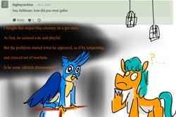 Size: 4200x2800 | Tagged: safe, artist:horsesplease, gallus, hitch trailblazer, earth pony, griffon, pony, series:ask failblazer, g4, g5, ask, cage, derp, gallus the rooster, puppy dog eyes, sad hitch, this will end in tears