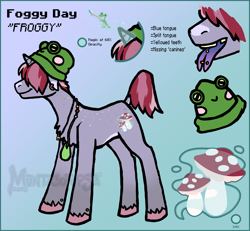 Size: 2000x1848 | Tagged: safe, artist:manticorpse, oc, oc only, oc:foggy day, frog, pony, unicorn, beanie, beanie hat, character design, chest fluff, ear piercing, forked tongue, glowing, glowing horn, gradient background, gray coat, hair over eyes, hair over one eye, hat, horn, mushroom, piercing, reference sheet, solo, tongue piercing