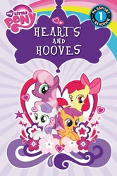 Size: 997x1500 | Tagged: safe, apple bloom, cheerilee, scootaloo, sweetie belle, earth pony, pegasus, pony, unicorn, g4, hearts and hooves day (episode), my little pony: hearts and hooves, official, book cover, closed mouth, cover, cutie mark crusaders, female, filly, flower, foal, heart, hearts and hooves (book), hearts and hooves day, mare, my little pony logo, open mouth, passport to reading, stock vector, text