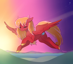 Size: 2893x2523 | Tagged: safe, artist:kaenn, oc, oc only, oc:lucasreigns, pegasus, pony, female, flying, high res, long hair, peaceful, red body, solo, sunset