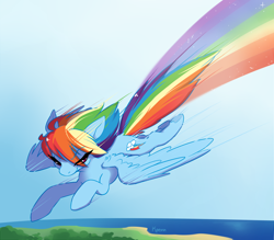 Size: 3200x2800 | Tagged: safe, artist:kaenn, rainbow dash, pegasus, pony, g4, aside glance, eye clipping through hair, faic, fanart, female, flying, high res, horizon, looking at you, mare, outdoors, rainbow, rainbow trail, smug, smugdash, solo, speed lines, speed trail, spread wings, wings