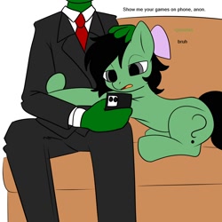 Size: 2000x2000 | Tagged: safe, artist:rusfag, oc, oc:anon, oc:anonymous, oc:filly anon, earth pony, human, pony, bow, bowtie, clothes, couch, duo, female, filly, genshin impact, head pat, high res, human on pony petting, lying down, pat, petting, phone, sitting, suit