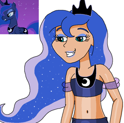 Size: 662x654 | Tagged: safe, artist:ocean lover, color edit, edit, princess luna, human, g4, season 3, sleepless in ponyville, adorasexy, bare midriff, bare shoulders, beautiful, beautiful eyes, beautisexy, belly, belly button, blue lipstick, clothes, crown, elegant, ethereal hair, eyeshadow, happy, human coloration, humanized, jewelry, lidded eyes, lips, lipstick, long hair, looking at someone, makeup, midriff, ms paint, night, night sky, picture-in-picture, pretty, reference used, regalia, scene interpretation, screencap reference, sexy, simple background, skin color edit, sky, smiling, solo, starry hair, starry night, stars, teal eyes, wavy hair, white background