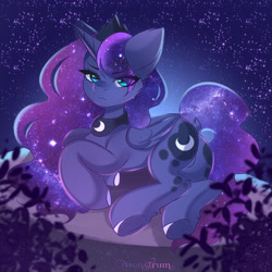 Size: 3000x3000 | Tagged: safe, artist:monstrum, princess luna, alicorn, pony, g4, butt, crown, eye clipping through hair, female, high res, jewelry, looking at you, lying down, mare, moonbutt, plot, prone, regalia, sitting, sketch, solo