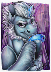 Size: 1759x2492 | Tagged: safe, artist:lupiarts, alphabittle blossomforth, pony, unicorn, g5, bust, colored pencil drawing, copic, cup, male, markers, portrait, smiling, smirk, solo, stallion, teacup, traditional art, unshorn fetlocks