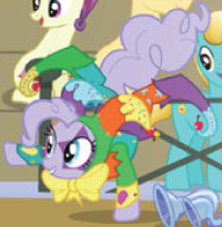 Size: 200x205 | Tagged: safe, screencap, purple pie, earth pony, pony, g4, bow, cropped, female, flugelhorn, hat, jester, jester hat, mare, musical instrument, name suggestion in the comments, not pinkie pie, recolor, welcome to the crystal empire!