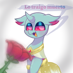 Size: 1080x1080 | Tagged: safe, artist:flower-black, oc, oc only, oc:flower black, changedling, changeling, pony, flower, rose, simple background, solo, spanish, spanish text, speech bubble, translation request, white background