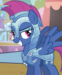 Size: 521x636 | Tagged: safe, screencap, sapphire lance, pegasus, pony, g4, cropped, eyeshadow, female, grin, jousting outfit, makeup, mare, recolor, smiling, spread wings, welcome to the crystal empire!, wings