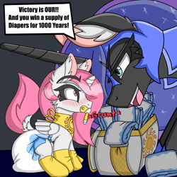 Size: 5000x5000 | Tagged: safe, artist:cuddlelamb, nightmare moon, princess celestia, alicorn, pony, g4, age regression, bag, bandana, blushing, clothes, diaper, diaper bag, eyebrows, eyebrows visible through hair, foal, grunt, non-baby in diaper, pacifier, poofy diaper, sitting, socks, younger