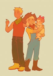 Size: 1640x2360 | Tagged: safe, artist:lipstickboyss, apple bloom, applejack, big macintosh, human, g4, apple, apple siblings, apple sisters, baby, baby apple bloom, bandana, boots, brother and sister, clothes, cowboy hat, denim, food, green background, hat, humanized, jeans, neckerchief, pants, shirt, shoes, siblings, simple background, sisters, younger