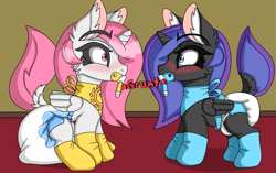 Size: 4517x2842 | Tagged: safe, artist:cuddlelamb, nightmare moon, princess celestia, princess luna, pony, g4, age regression, bandana, blushing, clothes, diaper, duo, eyebrows, eyebrows visible through hair, female, filly, foal, grunt, non-baby in diaper, pacifier, poofy diaper, princess, sitting, socks, standing, younger