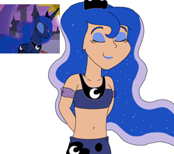 Size: 1102x974 | Tagged: safe, artist:ocean lover, color edit, edit, princess luna, human, g4, season 9, the summer sun setback, bare midriff, bare shoulders, beautiful, belly, belly button, blue eyeshadow, blue lipstick, clothes, crown, cutie mark on clothes, ethereal hair, eyes closed, eyeshadow, female, human coloration, humanized, jewelry, lips, lipstick, makeup, midriff, ms paint, picture-in-picture, reference used, regalia, scene interpretation, screencap reference, simple background, skin color edit, sleeveless, smiling, solo, starry hair, stars, wavy hair, white background
