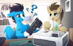 Size: 3401x2160 | Tagged: safe, artist:strafe blitz, doctor whooves, time turner, oc, oc:enduro elite, earth pony, pegasus, pony, g4, aorus, blaze (coat marking), blue coat, book, bookshelf, coat markings, colored, computer, concave belly, confused, doctor who, door, duo, ear fluff, eyebrows, facial markings, floppy ears, geforce, geforce rtx, graphics card, high res, hoof hold, indoors, lamp, looking at someone, looking at something, male, necktie, nvidia, open mouth, partially open wings, pc, pegasus oc, ponies using technology, ponies with technology, quadrupedal, question mark, raised eyebrow, screwdriver, signature, sitting, slender, socks (coat markings), sonic screwdriver, stallion, table, the doctor, thin, unshorn fetlocks, wings