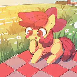 Size: 1000x1000 | Tagged: safe, artist:muningaiyc, apple bloom, earth pony, pony, g4, blushing, female, filly, foal, picnic blanket, solo, tongue out