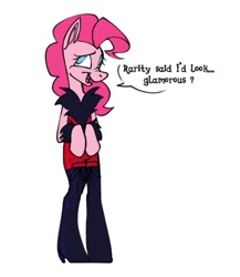 Size: 867x1000 | Tagged: safe, artist:partyponypower, pinkie pie, earth pony, pony, g4, bipedal, clothes, high heels, shoes, simple background, smiling, solo, standing on two hooves, text, white background