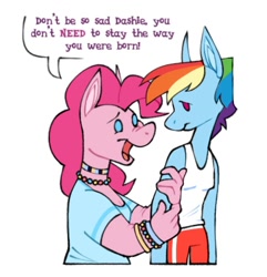 Size: 962x1000 | Tagged: safe, artist:partyponypower, pinkie pie, rainbow dash, earth pony, pegasus, pony, anthro, g4, clothes, duo, looking at each other, looking at someone, needs more jpeg, open mouth, pride, simple background, tank top, text, transgender, white background