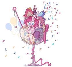 Size: 1290x1210 | Tagged: safe, artist:muningaiyc, artist:y_songmo, pinkie pie, earth pony, pony, g4, chibi, confetti, cup, cup of pony, cute, diapinkes, female, food, ice cream, mare, micro, open mouth, open smile, party cannon, pinkie pie's cutie mark, ponies in food, simple background, smiling, solo, spoon, starry eyes, strawberry, white background, wingding eyes