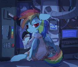 Size: 1623x1399 | Tagged: safe, artist:muningaiyc, rainbow dash, pegasus, pony, fanfic:rainbow factory, g4, blood, clothes, computer, cute, dashabetes, dried blood, fanfic art, female, floppy ears, grimcute, lab coat, looking at you, looking back, looking back at you, mare, rainbow factory dash, sitting, solo, spread wings, wings