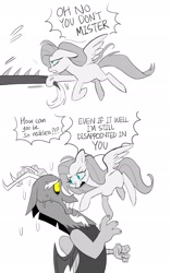 Size: 1700x2700 | Tagged: safe, artist:pelma, part of a set, discord, fluttershy, draconequus, pegasus, pony, g4, the ending of the end, 2 panel comic, comic, duo, female, flying, grammar error, male, ship:discoshy, shipping, simple background, straight, sweat, sweatdrop, text, white background
