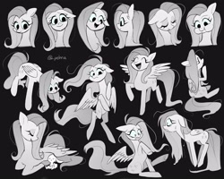 Size: 2500x2000 | Tagged: safe, artist:pelma, angel bunny, fluttershy, pegasus, pony, g4, black background, frown, high res, lying down, monochrome, simple background, smiling, solo, spread wings, sweat, sweatdrop, wings