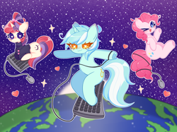 Size: 4824x3605 | Tagged: safe, artist:arwencuack, lyra heartstrings, moondancer, pinkie pie, earth pony, pony, unicorn, g4, bipedal, commission, computer mouse, earth, heart, heart eyes, keyboard, lying down, one eye closed, prone, space, trio, wingding eyes, wink