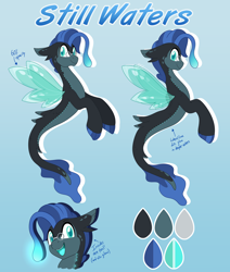 Size: 4784x5653 | Tagged: safe, artist:pearlyiridescence, oc, oc only, oc:still waters, seapony (g4), bioluminescent, dorsal fin, fin, fin wings, fins, fish tail, glasses, glowing, gradient background, looking at you, male, ocean, open mouth, open smile, reference sheet, scales, sharp teeth, smiling, smiling at you, solo, swimming, tail, teeth, underwater, water, wings